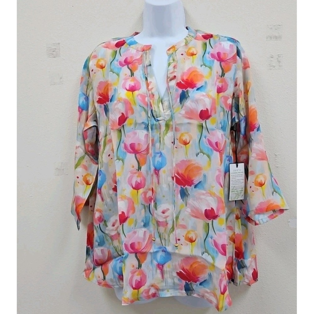 APNY Woven Printed V-Neck 3/4 Sleeve Blouse  Med  New Tags Summer Nights Floral